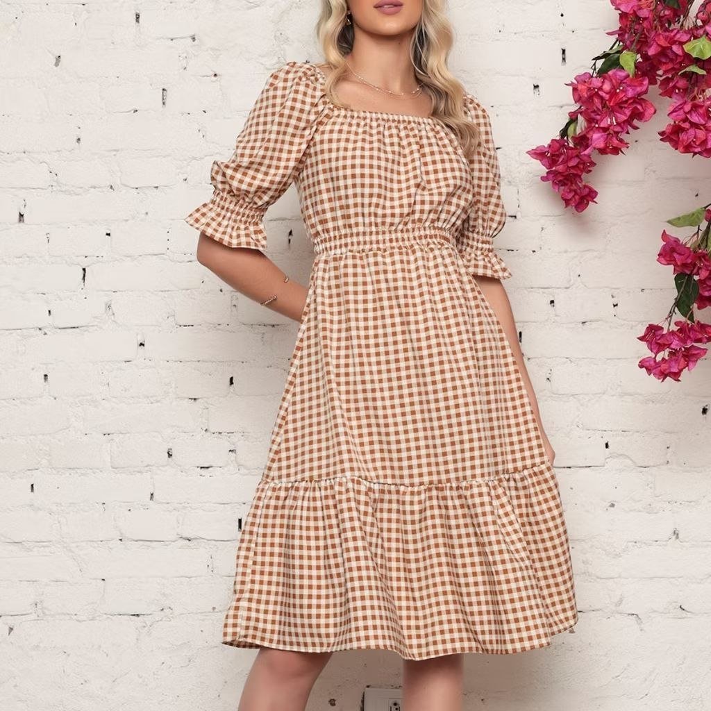 ️ Vestido Feminino crepinho com Elastec l Xadrez l Ombro à Ombro.
